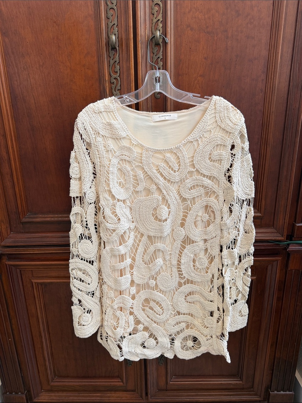 Commense Cream Crochet Openwork Long-Sleeve Top
